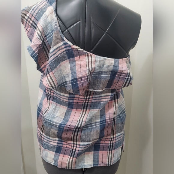 Cloth & Stone ruffled one shoulder multi color plaid top - Picture 2 of 3